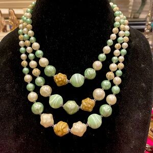 Japan 3 Strand Beaded Necklace in Silver Tone. Mint Green